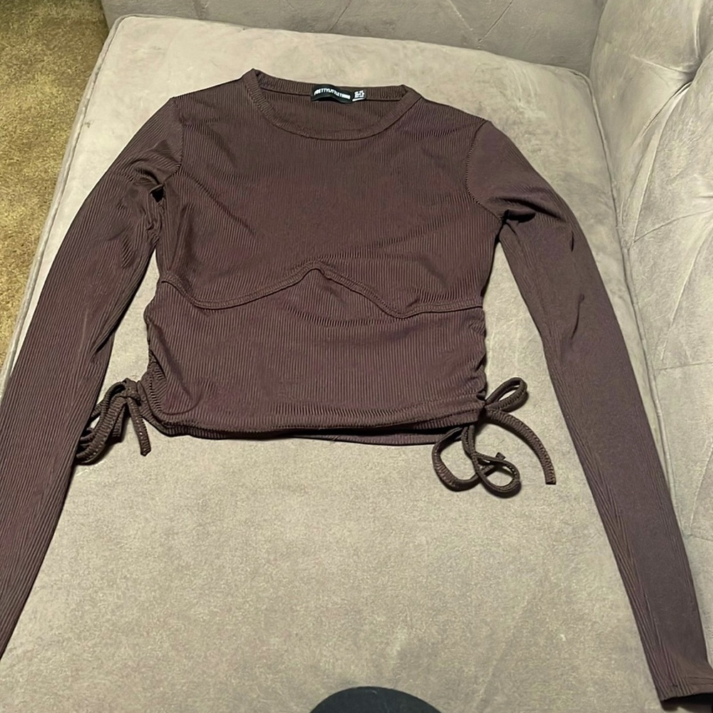 Chocolate Rib Underbust Drawstring Long Sleeve Crop Top
